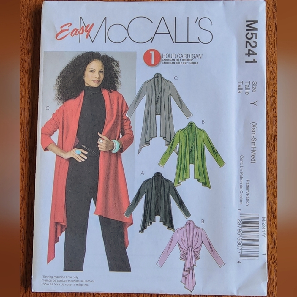 Cardigan, wrap jacket McCall's sewing pattern #M5241, sz: XS-M